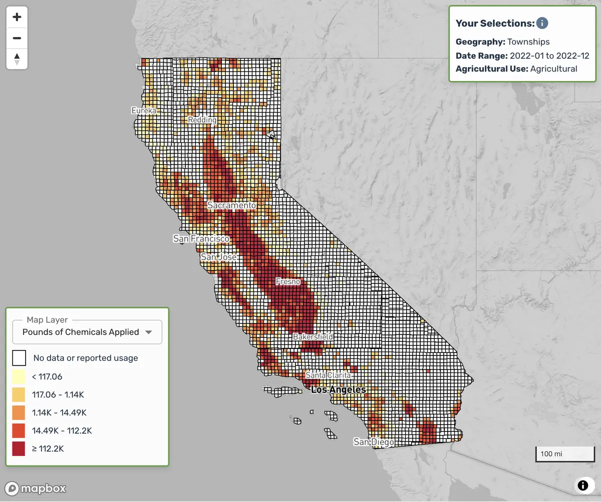 Screenshot of the People and Pesticide Explorer map interface