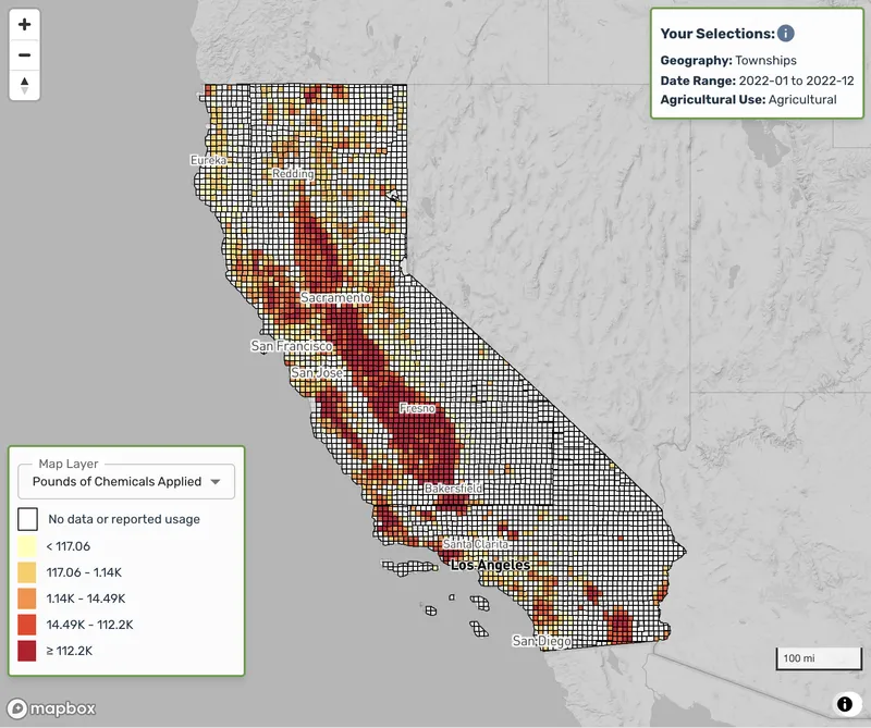 Screenshot of the People and Pesticide Explorer map interface